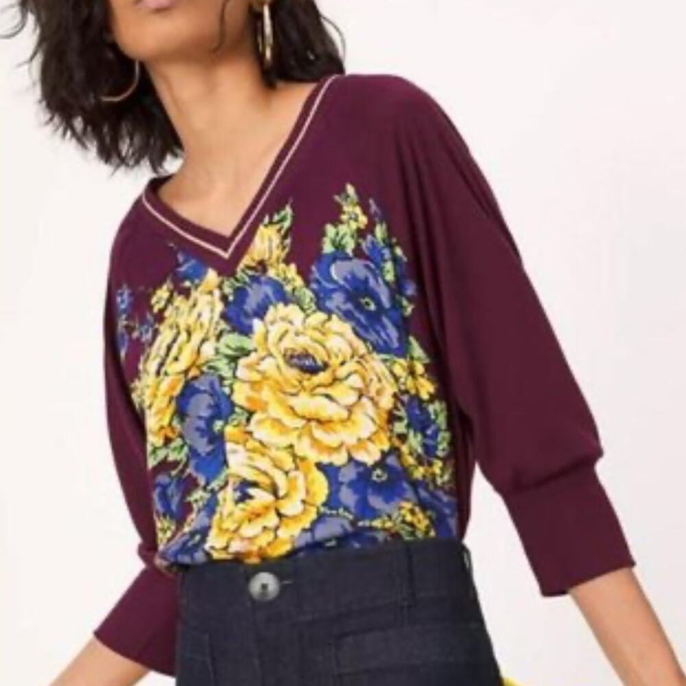 Anthropologie TINY Ashlee Floral Top Womens XS Purple V-Neck Puff Sleeve Boho